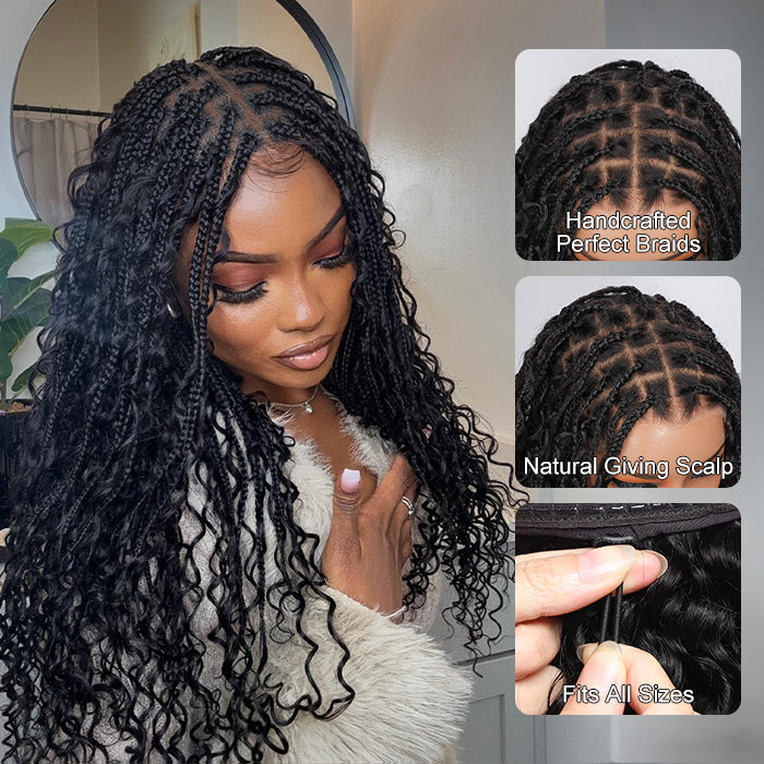 Pizazz Human Hair Boho Braids With Curls 13x6 Full Lace Knotless Boho Box Braided Drawstring Pull Go Wig