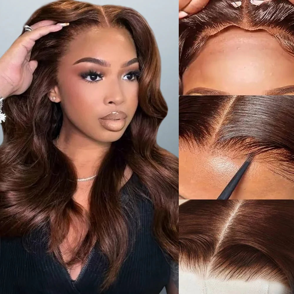 4# Chocolate Brown 360 Lace Body Wave 180% Density Face Framing Pre-Layered Lace Front Wig With Invisi Drawstring