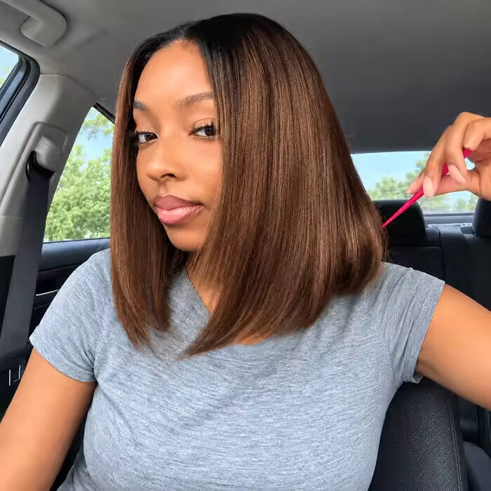 Layered Cut Straight Glueless Bob Wig Put On Go Human Hair Wigs with Drawstring 220% Density