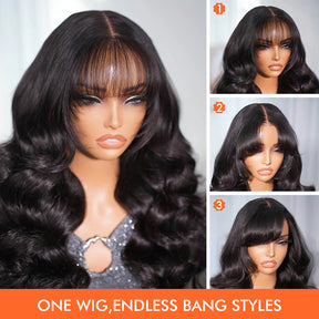 Body Wave Wig with Bangs Pre Cut 5x5 HD Lace Closure Wig Glueless Secure Drawstring Human Hair Wig