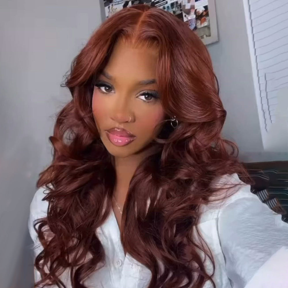 Curtain Bangs Glueless HD Lace Wig Reddish Brown Straight Body Wave Human Hair Wigs with Adjustable Strap-Pizazz Hair