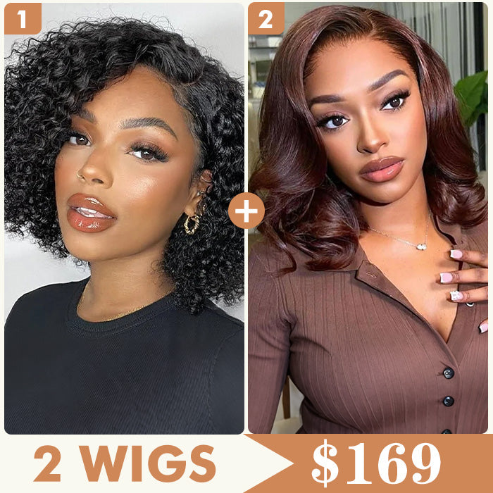 2 Wigs Set |  5x5 HD Lace  Pixie Curly Lace Wig  & 5X5 HD Lace #4 Chocolate Brown Short Bob Wig Flash Sale