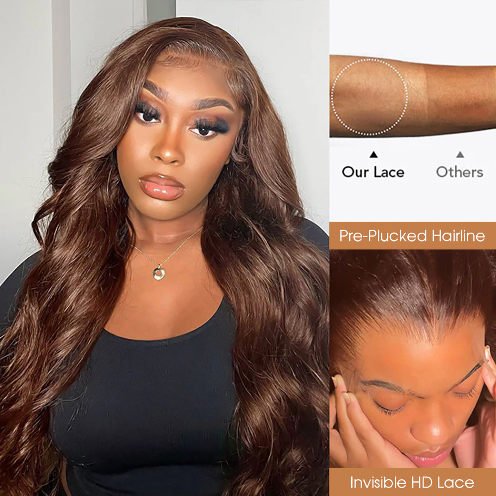 Rich Chocolate Brown Body Wave Human Hair Wigs 220% Density Glueless HD Lace Wig Pre-Cut Lace with Natural Hairline