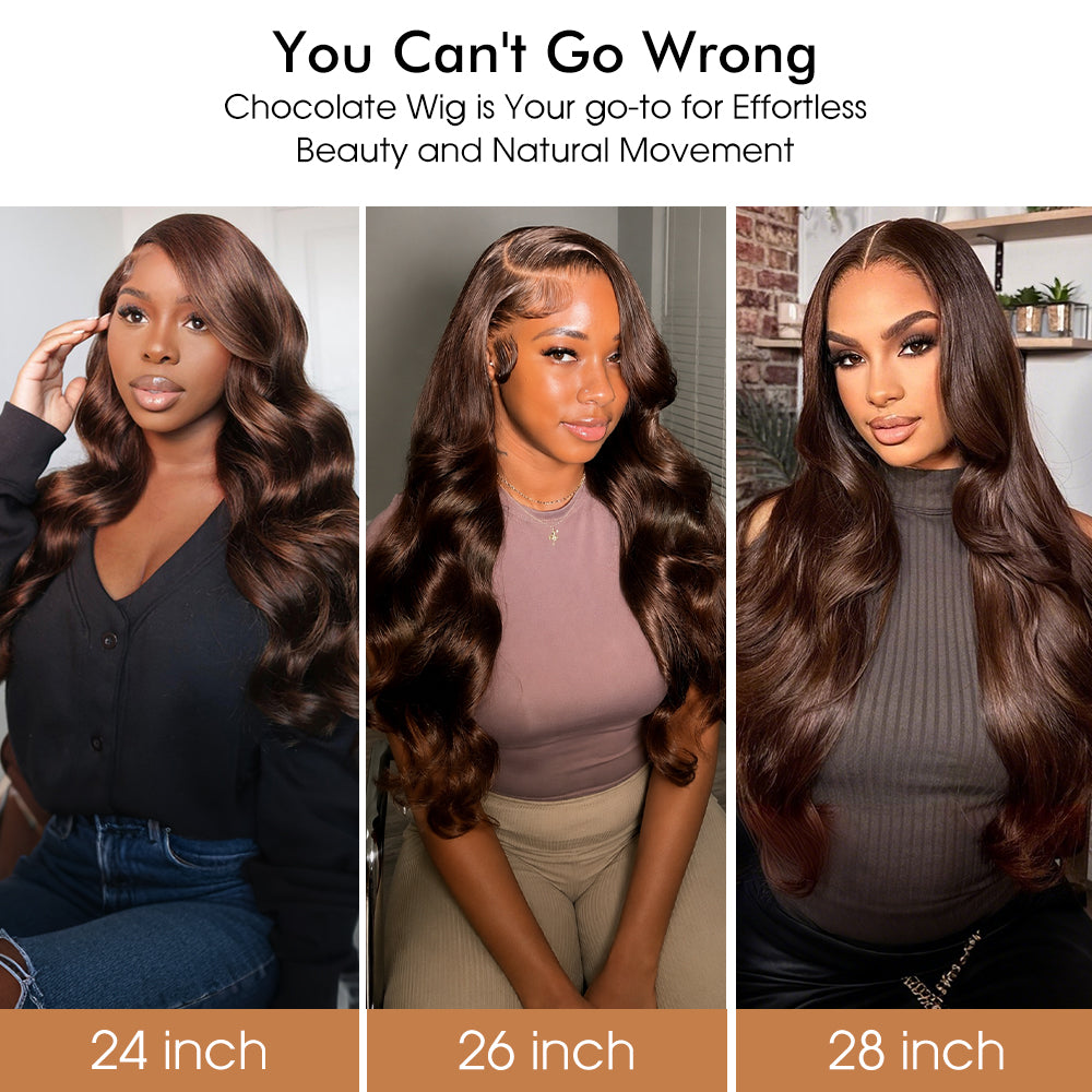 Rich Chocolate Brown Body Wave Human Hair Wigs 220% Density Glueless HD Lace Wig Pre-Cut Lace with Natural Hairline