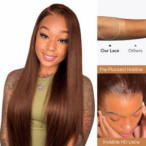 4# Chocolate Brown Straight 13x6 Drawstring Human Hair Wigs Pre-Everything Pre Plucked Hairline