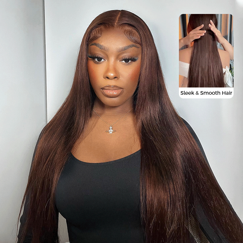 4# Chocolate Brown Straight 13x6 Drawstring Human Hair Wigs Pre-Everything Pre Plucked Hairline