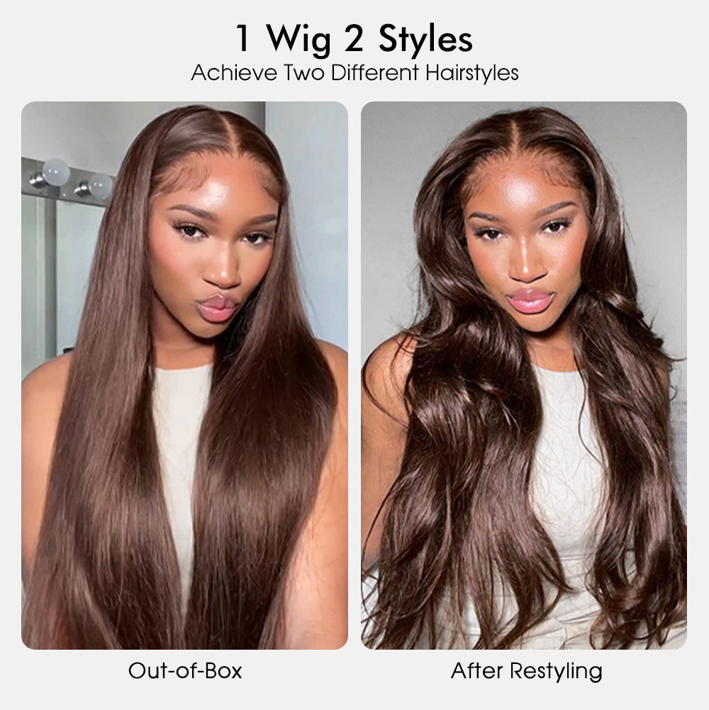 4# Chocolate Brown Straight 13x6 Drawstring Human Hair Wigs Pre-Everything Pre Plucked Hairline