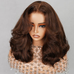 #4 Chocolate Brown Color Layered Body Wave Bob Wig Pre Plucked HD Lace Human Hair Wigs