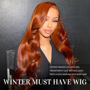 13x6 HD Burnt Orange Body Wave Wig Colored Human Hair Glueless Lace Wigs