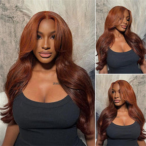 Curtain Bangs Glueless HD Lace Wig Reddish Brown Straight Body Wave Human Hair Wigs with Adjustable Strap-Pizazz Hair