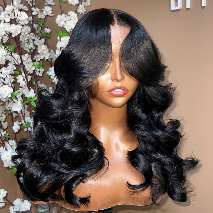 New Curtain Bangs Pre Cut HD Lace Wig Body Wave Guleless Wear&GO Human Hair Wigs