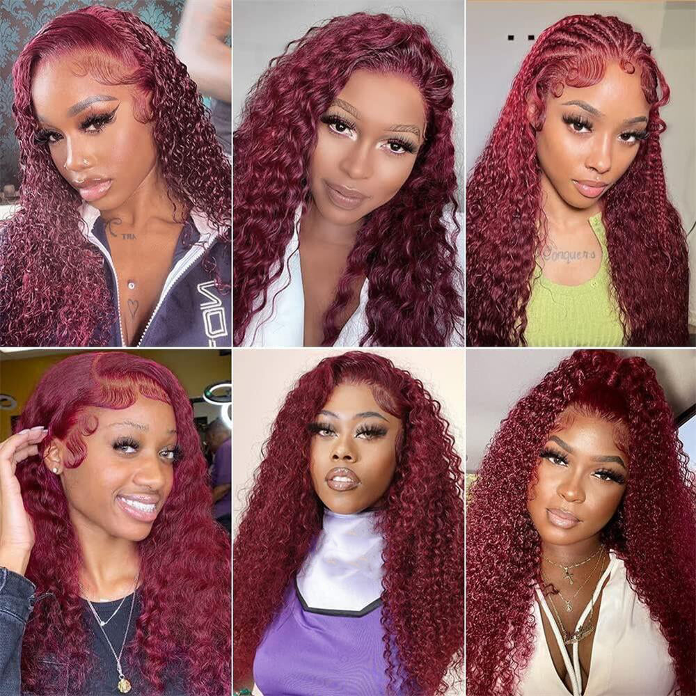 Pizazz Hair 99J Burgundy Deep Wave Lace Front Wigs Human Hair 250% Density 13x6 Glueless HD Transparent Lace Frontal Wigs