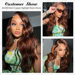 Pizazz Hair #4/350 Red Copper Highlight Body Wave 13x6 Full Lace Front Wigs Human Hair Pre Plucked for Women  (26Inch) 180% Density