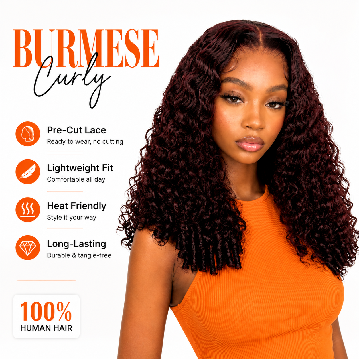 Dark Plum Burmese Curly 13×6 Lace Front Glueless Wear & Go Human Hair Wig