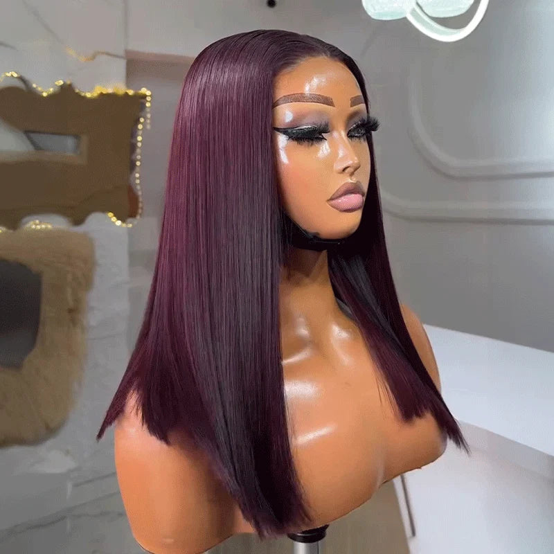 Dark Plum Invisible HD Lace Glueless 300% High Density Super Double Drawn Full Ends Silky Straight Wig With Drawstring
