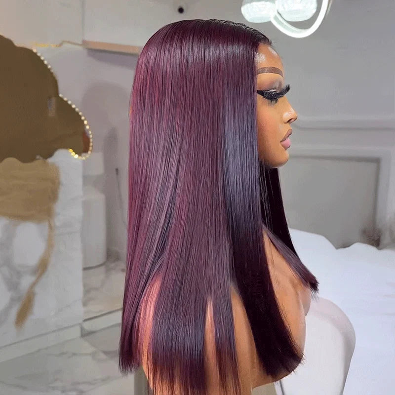 Dark Plum Invisible HD Lace Glueless 300% High Density Super Double Drawn Full Ends Silky Straight Wig With Drawstring
