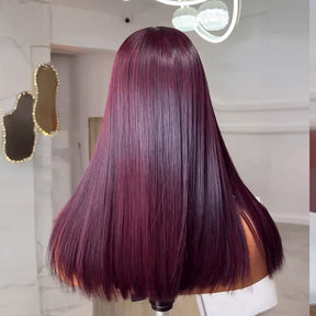 Dark Plum Invisible HD Lace Glueless 300% High Density Super Double Drawn Full Ends Silky Straight Wig With Drawstring