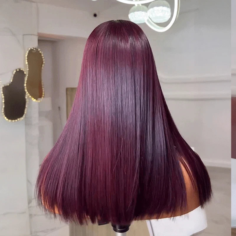 Dark Plum Invisible HD Lace Glueless 300% High Density Super Double Drawn Full Ends Silky Straight Wig With Drawstring