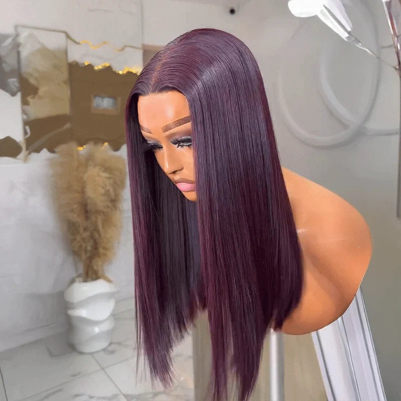 Dark Plum Invisible HD Lace Glueless 300% High Density Super Double Drawn Full Ends Silky Straight Wig With Drawstring