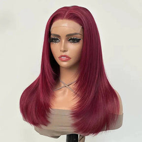 #99J Burgundy Color Feathered Layered Cut Straight Wigs HD Lace Human Hair Wig