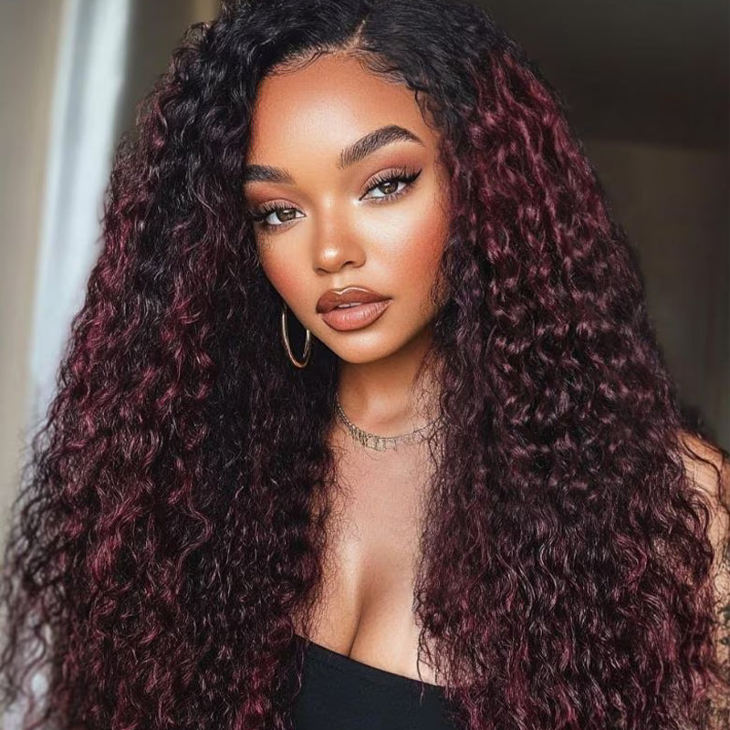 Dark Plum with Dark Roots Color Water Wave 13x6 HD Lace Front Human Hair Wigs