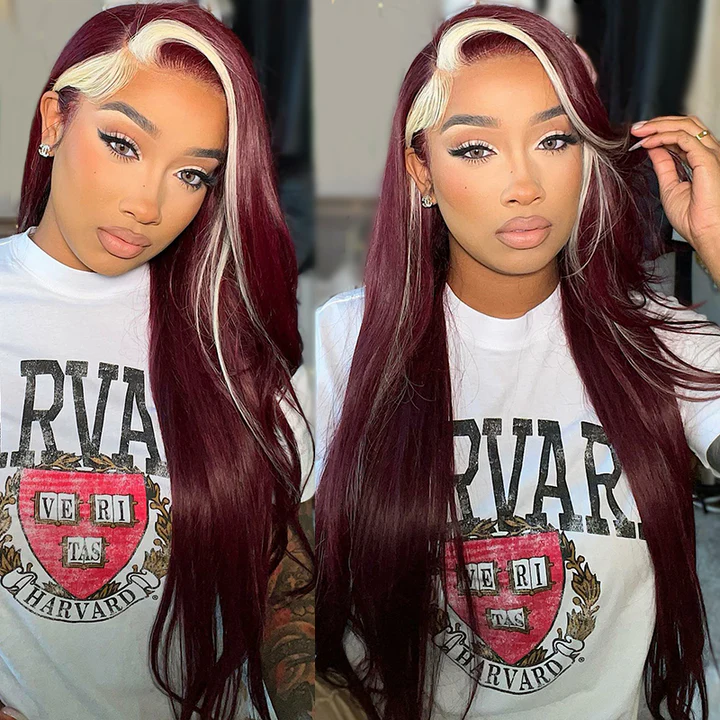 Burgundy With Blonde Highlights 13x6 Lace Front Wig Skunk Stripe Hair Wigs