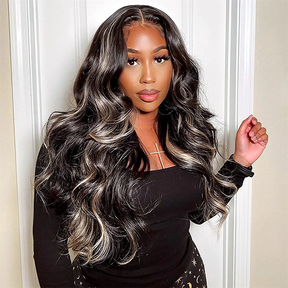 Pizazz Hair #1b/613 Platinum Blonde Highlights Body Wave 13x6 Glueless Drawstring Wig 250% Density