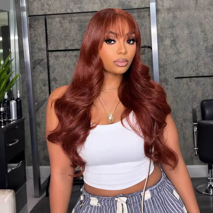 Reddish Brown Body Wave Wig With Bangs Pre Cut 5x5 HD Lace Closure Wig Glueless Human Hair Wig Easy to Wear