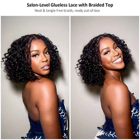 Short Boho Braids Bob Wig Water Wave Pre Cut 8x5 HD Full Lace Drawstring Human Hair