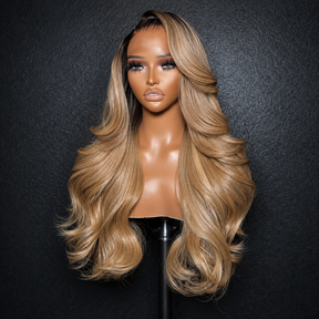 Ash Blonde Mixed Dirty Blonde  With Dark Roots 13x6 HD Glueless Human Hair Wigs 220% Density