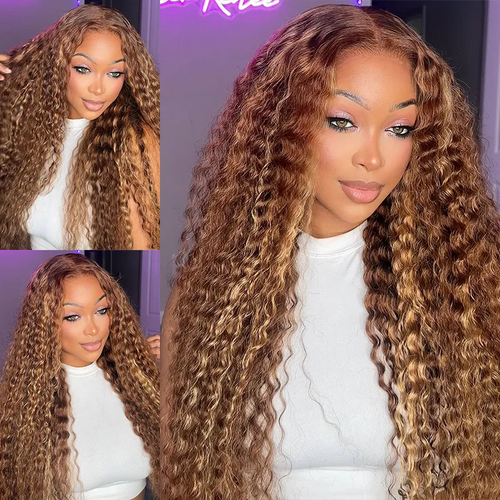Water Wave Highlight Wig Glueless 360 Lace Frontal Wig with Invisi String Pre-Cut HD Lace Human Hair Wigs