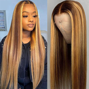 Pizazz Hair Honey Blonde Highlight Silky Straight Glueless 13x6 Full Lace Wig 180% Density
