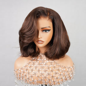#4 Chocolate Brown Color Layered Body Wave Bob Wig Pre Plucked HD Lace Human Hair Wigs