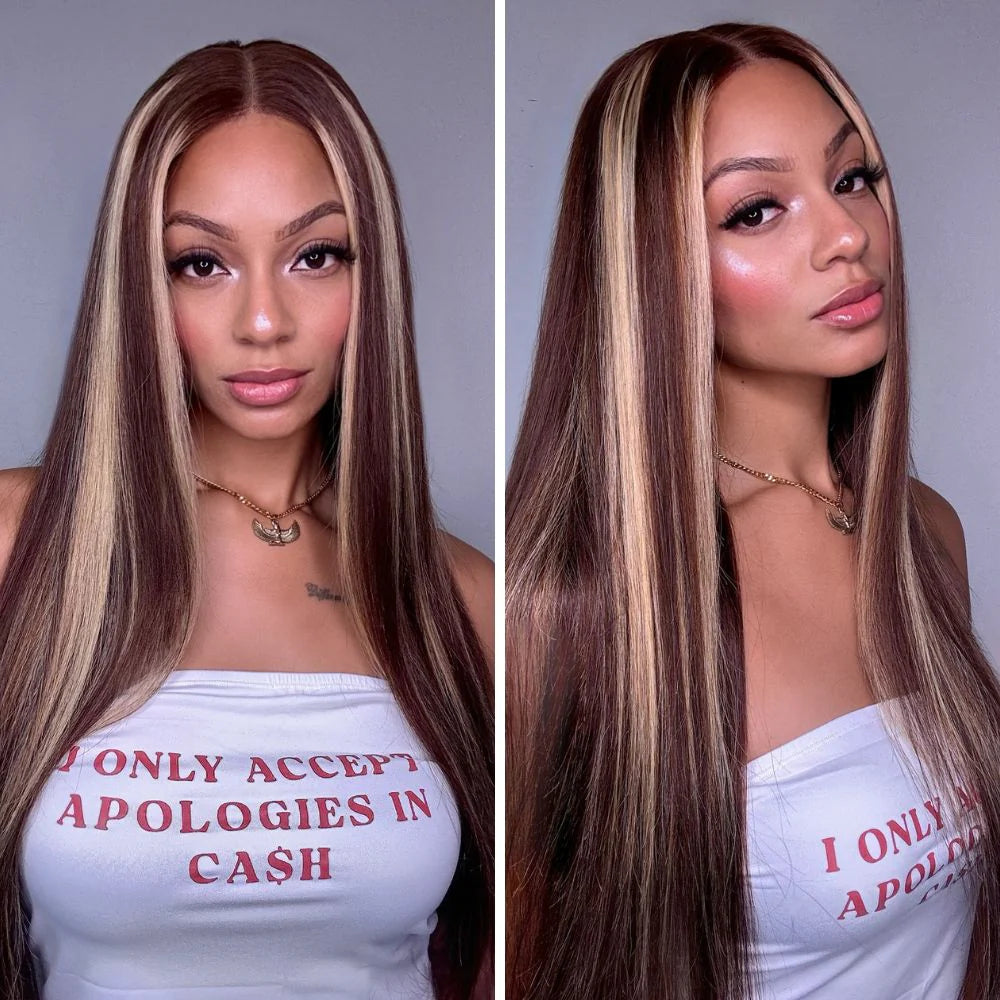 Honey Blonde Highlight Straight 13x6 Full Frontal HD Lace Wig Pull & Go Human Hair Wigs