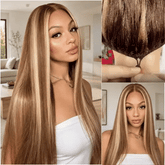 Honey Blonde Highlight 220% Density Silky Straight 5x5 Pre Cut Lace Wig With Invisi Drawstring