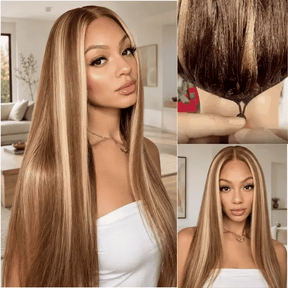 Honey Blonde Highlight 220% Density Silky Straight 5x5 Pre Cut Lace Wig With Invisi Drawstring