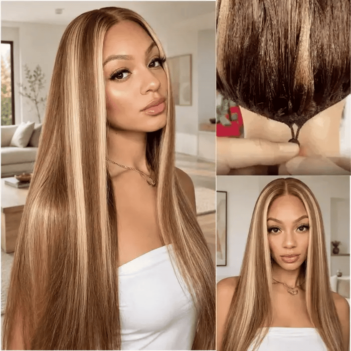 Honey Blonde Highlight 220% Density Silky Straight 5x5 Pre Cut Lace Wig With Invisi Drawstring