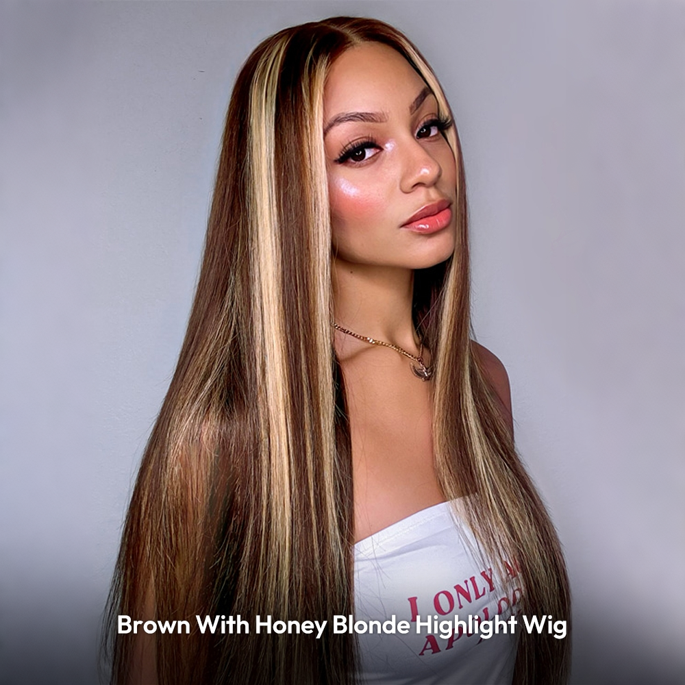 Honey Blonde Highlight Straight 13x6 Full Frontal HD Lace Wig Pull & Go Human Hair Wigs