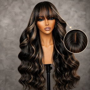 220% Density Blonde Highlight Body Wave 5x5 Pre Cut Lace Wig With Face Framing Bangs