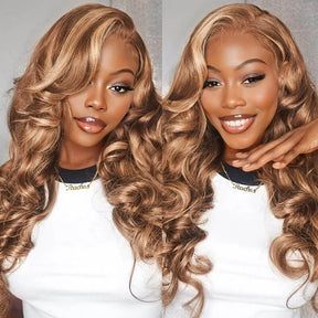 Pizazz Highlight 13x6 Body Wave HD Transparent Lace Front Wigs Human Hair 4/27 Honey Blonde Body Wave Lace Frontal Wig