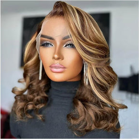 Honey Blonde Highlight Short Loose Wave Bob Wig Glueless 8x5 13x4 Pre-Cut Lace Wig with Pre Plucked Hairline 220% Density