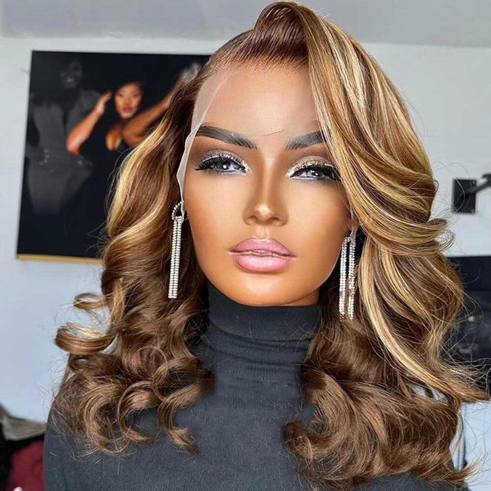 Honey Blonde Highlight Short Loose Wave Bob Wig Glueless 8x5 13x4 Pre-Cut Lace Wig with Pre Plucked Hairline 220% Density