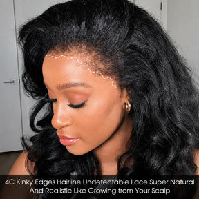 4C Edge Kinky Straight  360 HD Invisible Lace Frontal  Human Hair Wig With Super Natural Hairline
