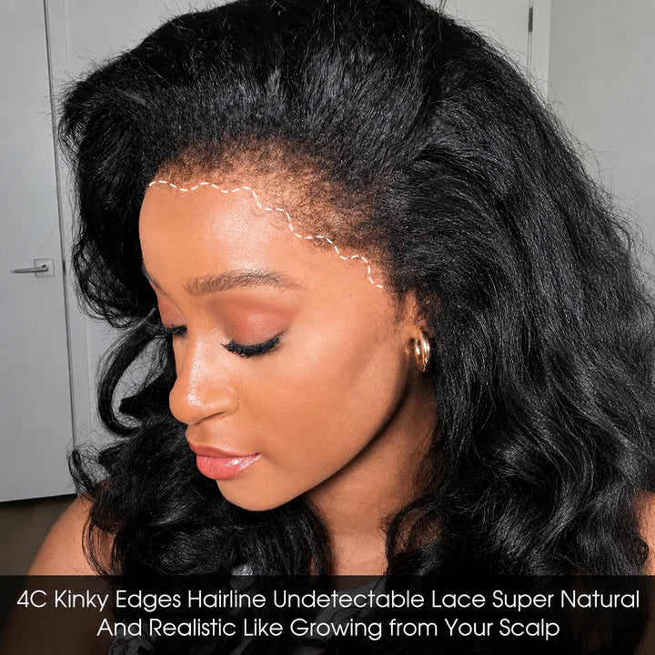 4C Edge Kinky Straight  360 HD Invisible Lace Frontal  Human Hair Wig With Super Natural Hairline