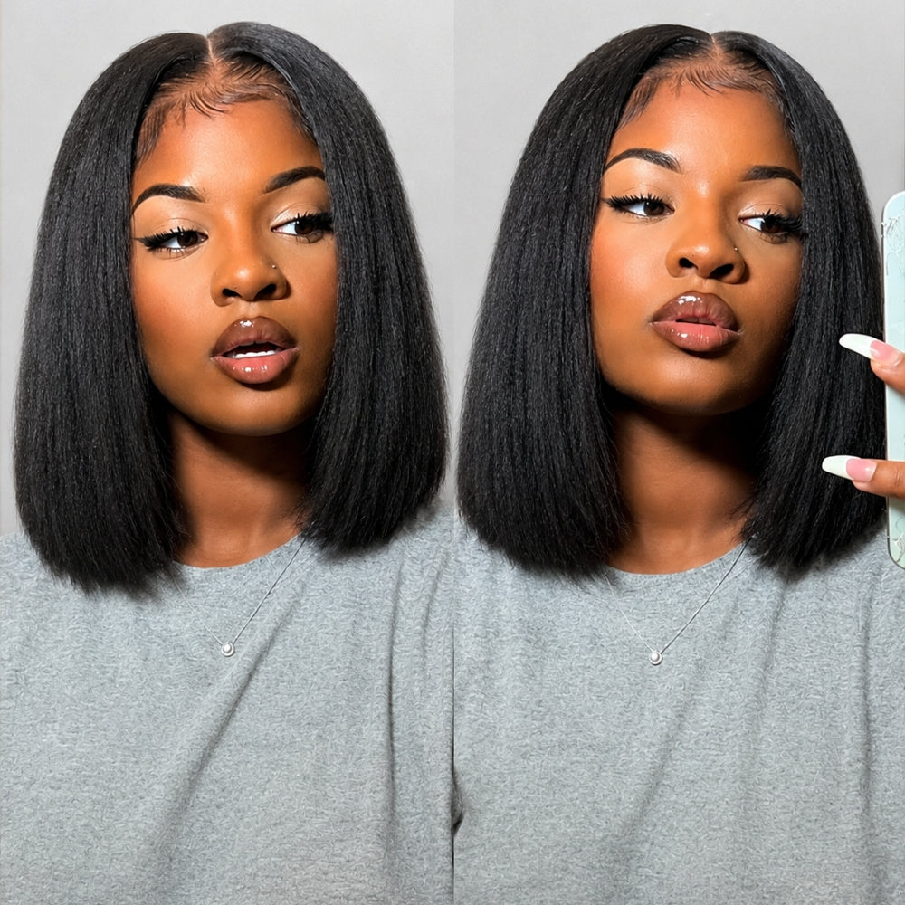 4C Kinky Edges 10 Inch Kinky Straight Bob Wig Glueless Lace Front Human Hair