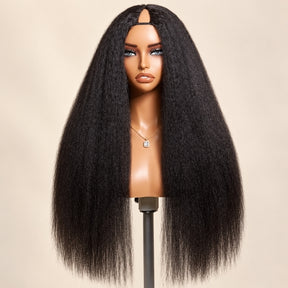 Kinky Straight Blend Natural V Part Human Hair Wigs with Minimal Leave-Out For Protective Style