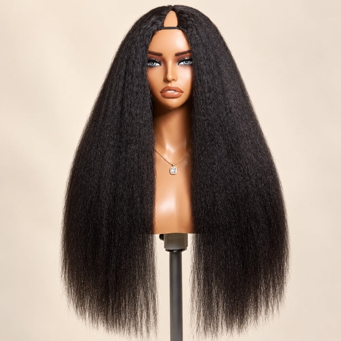 Kinky Straight Blend Natural V Part Human Hair Wigs with Minimal Leave-Out For Protective Style