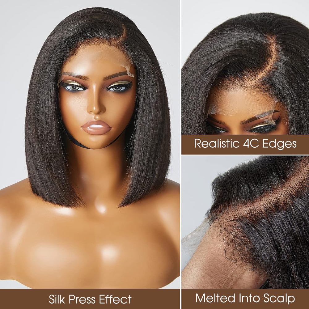 4C Kinky Edges 10 Inch Kinky Straight Bob Wig Glueless Lace Front Human Hair