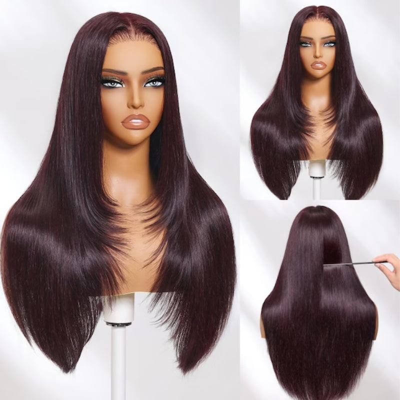 Pizazz Hair Black Cherry Layered Cut  8x5 Glueless Wig Straight/Body Wave And 13x4 Lace Front Human Hair Wigs 220% Density