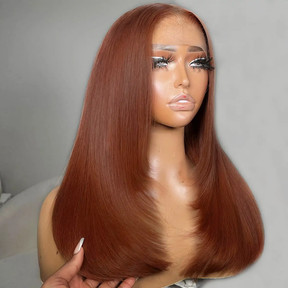 Pizazz Hair Reddish Brown Color #33 Feathered Layered Cut Straight Wigs HD Lace Human Hair Wig